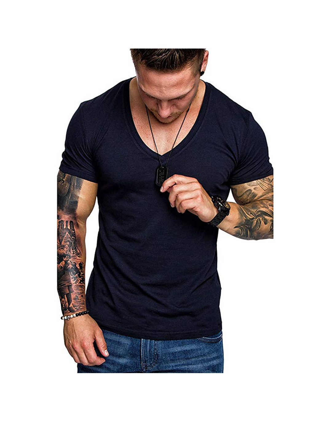 Poisonstreetwear Men's  V-Neck Solid Color Casual T-Shirt-poisonstreetwear.com