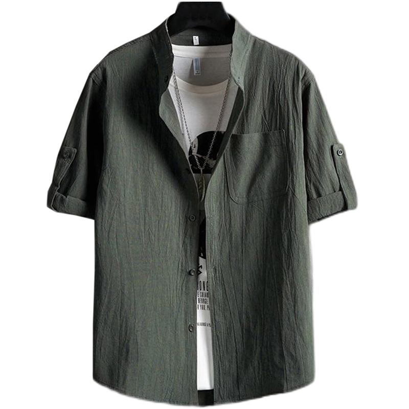 Men's Arturo Faux Linen Solid Color Stand Collar Half Sleeve Shirt-poisonstreetwear.com