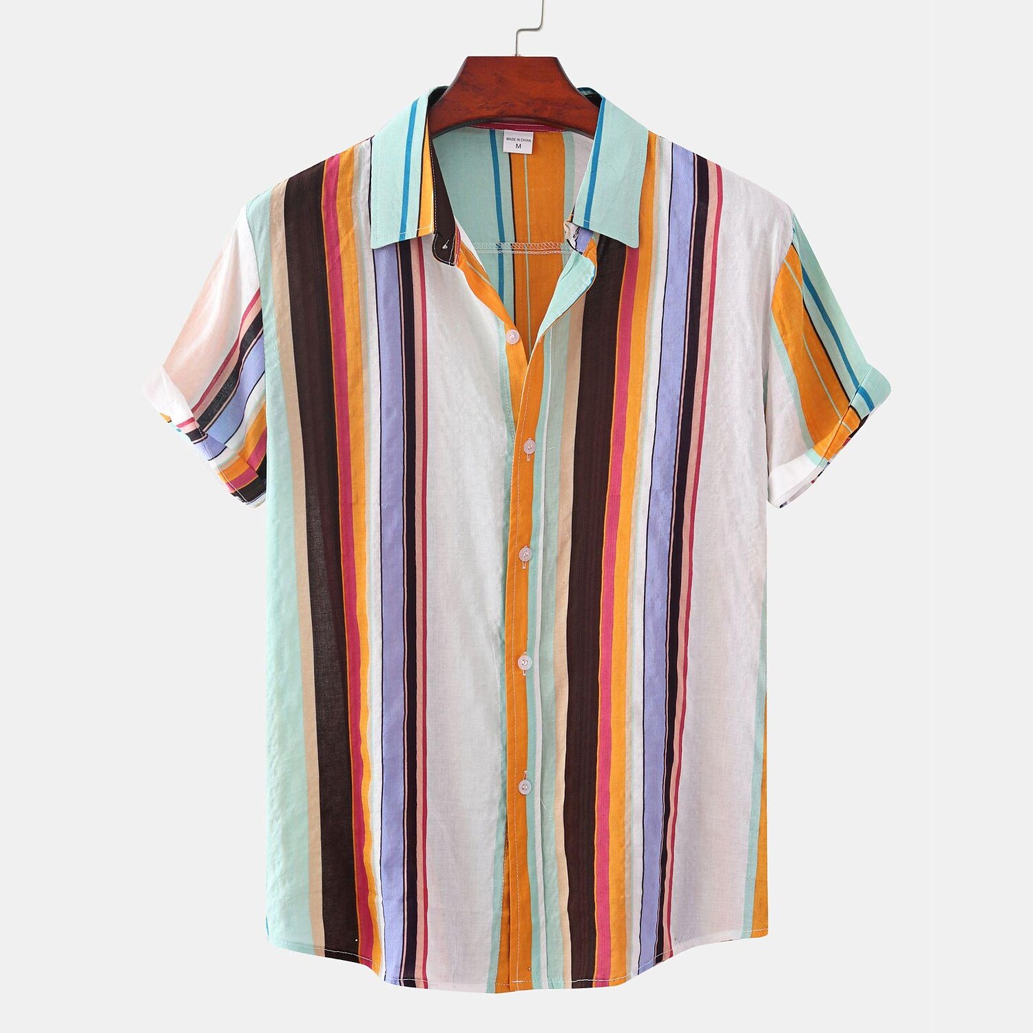 Men's Colorful Striped Print Short Sleeve Shirt-poisonstreetwear.com
