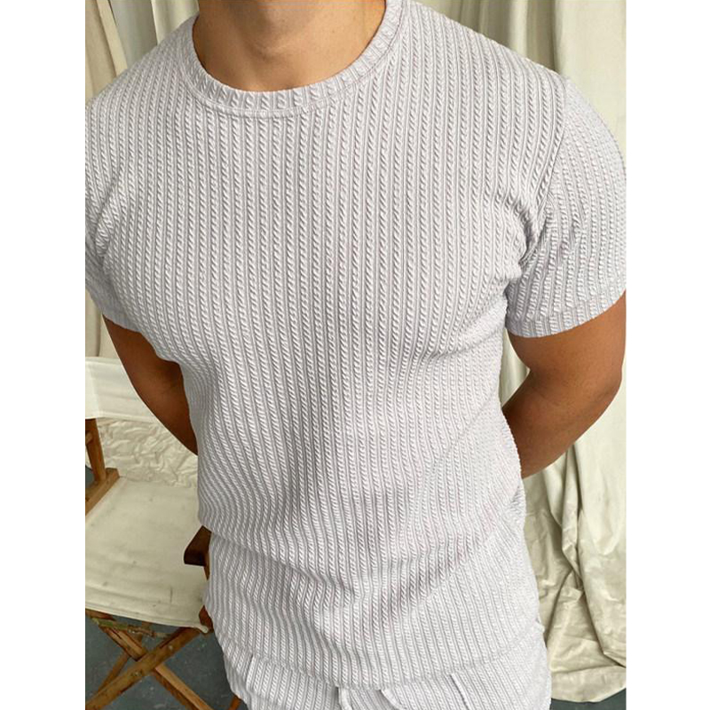 Men's Crew Neck Jacquard Cable Stripe Short Sleeve T-Shirt-poisonstreetwear.com