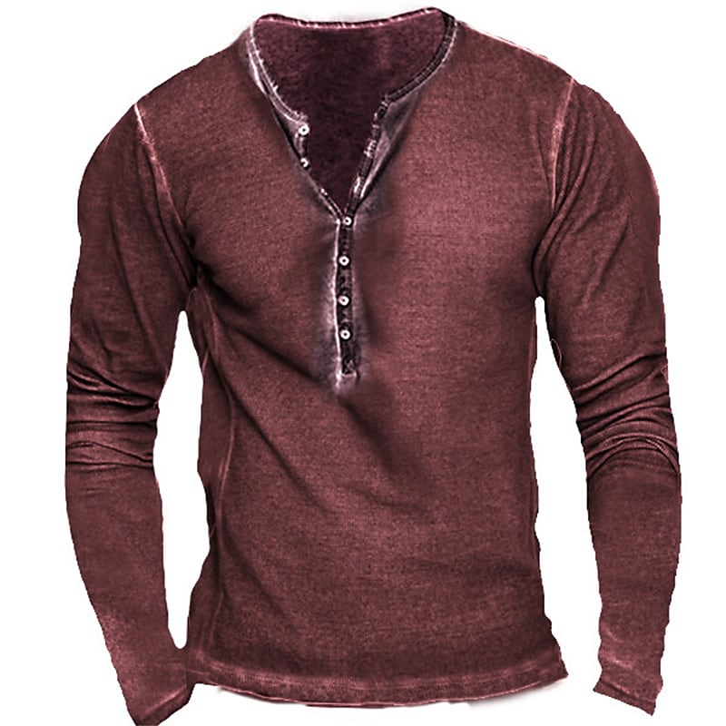 Men's 3D Print Solid Color Long Sleeve Henley T-shirt-poisonstreetwear.com