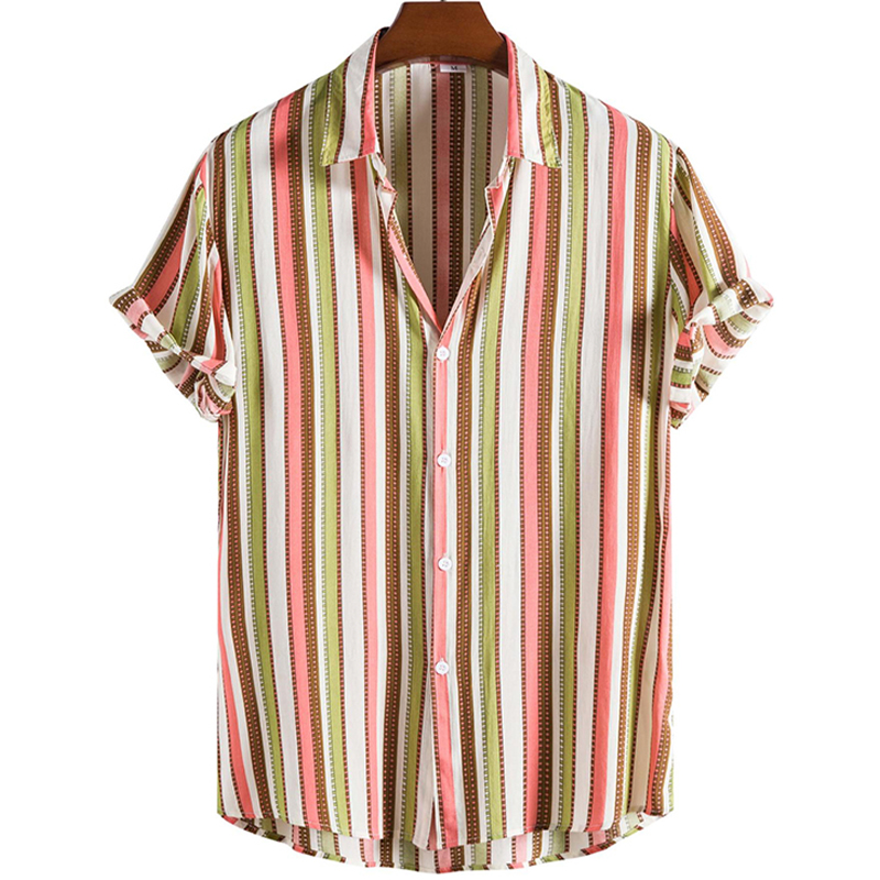 Men's Colorful Striped Print Short Sleeve Cardigan Shirt-poisonstreetwear.com