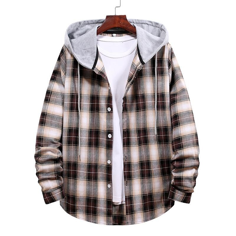 Poisonstreetwear Men's Long Sleeve Flannel Brushed Check Hooded Casual Shirt Blue Brown-poisonstreetwear.com