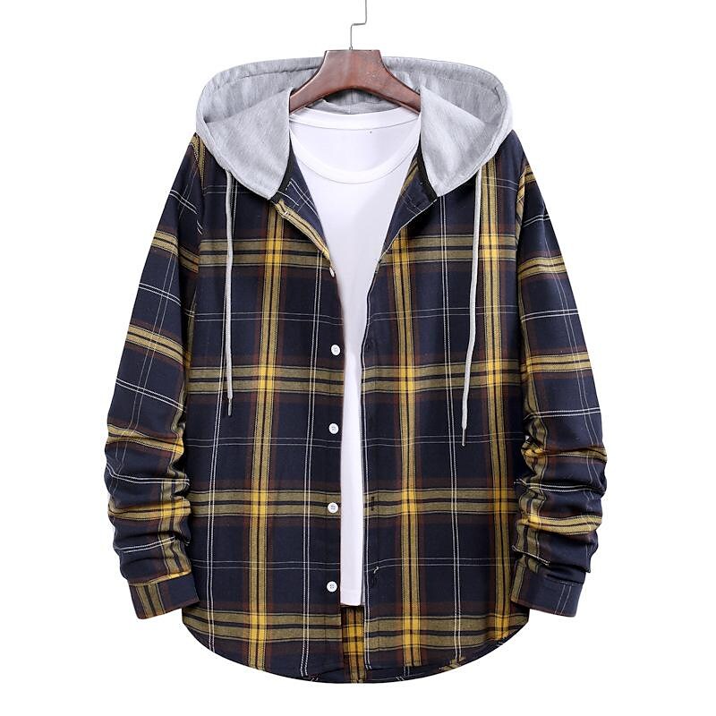 Poisonstreetwear Men's Long Sleeve Check Hooded Casual Shirt Yellow Navy Blue Gray-poisonstreetwear.com
