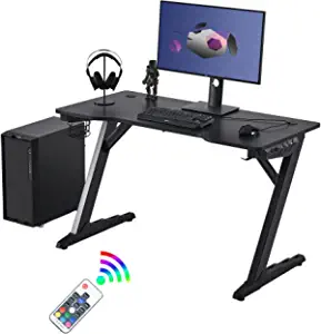 Fromann 47 inch One Piece Gaming Desk Home Office Computer Table with RGB LED Lights Cup Holder Headphone Hook for E-Sport Racing Gamer