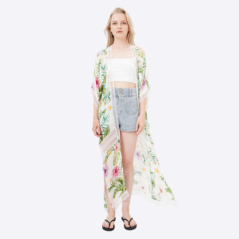 ALLBEST Design Lace Trim Floral Printed Maxi Kimono Cardigans