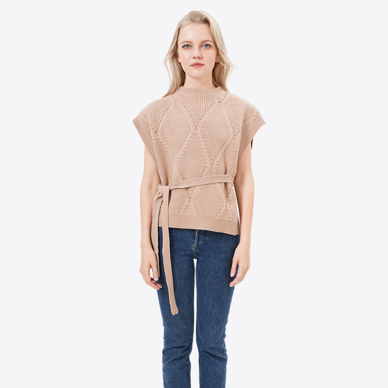 ALLBEST Design Cropped Drop Sleeves Sweater Vest with Belt