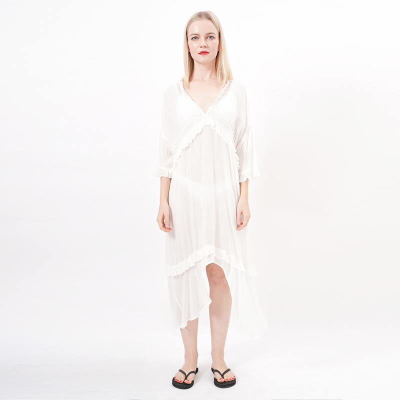 ALLBEST Design Lace Trim Sheer White Beach Dress
