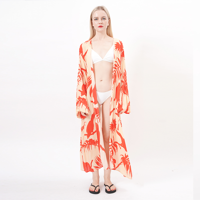ALLBEST Design Long Sleeves Open Front Floral Kimono 