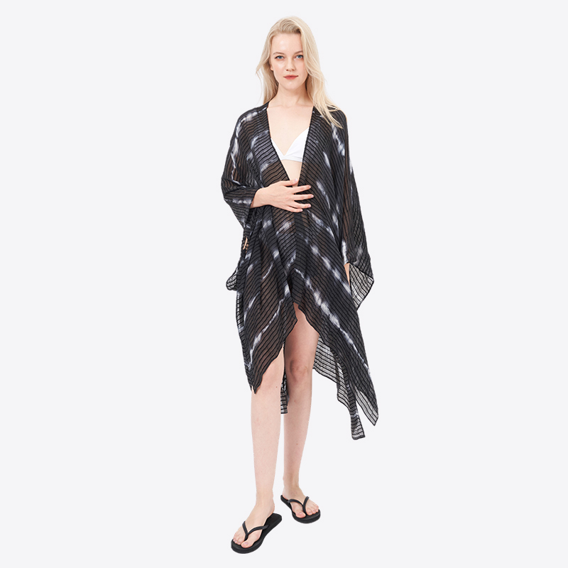 ALLBEST Design Stripes Printed Crinkled Long Cardigan Kimonos