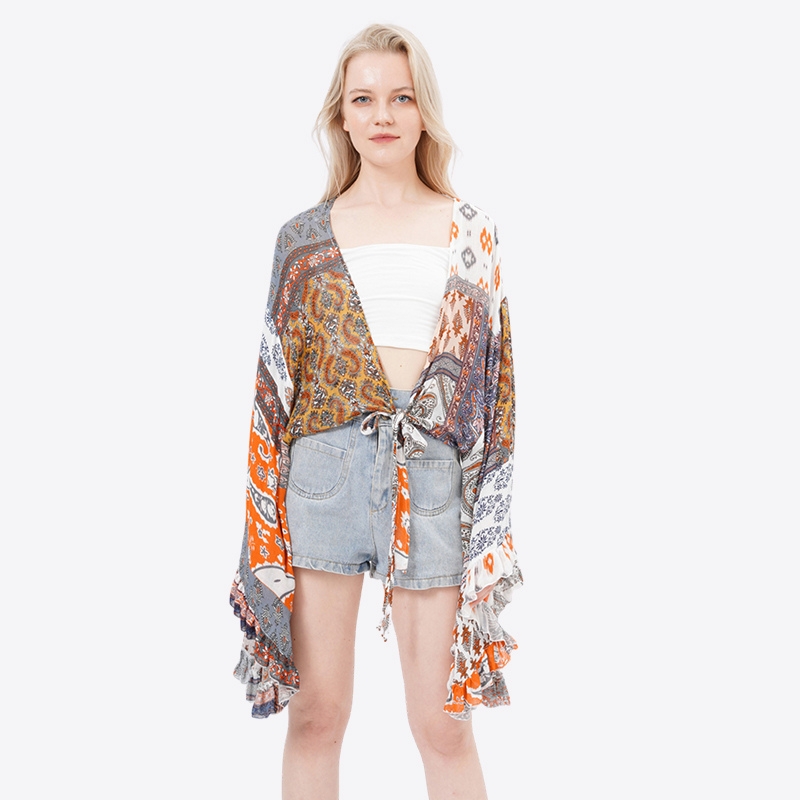 ALLBEST Design Batwing Sleeves Printed Blouse Tops Kimonos