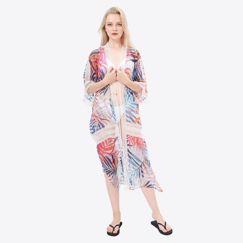 ALLBEST Design Open Front Leaves Printed Lace Trim Chiffon Kimonos