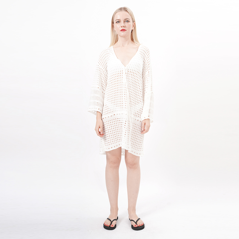 ALLBEST Design Long Sleeves Lace Crochet Beach Cover Up Dress