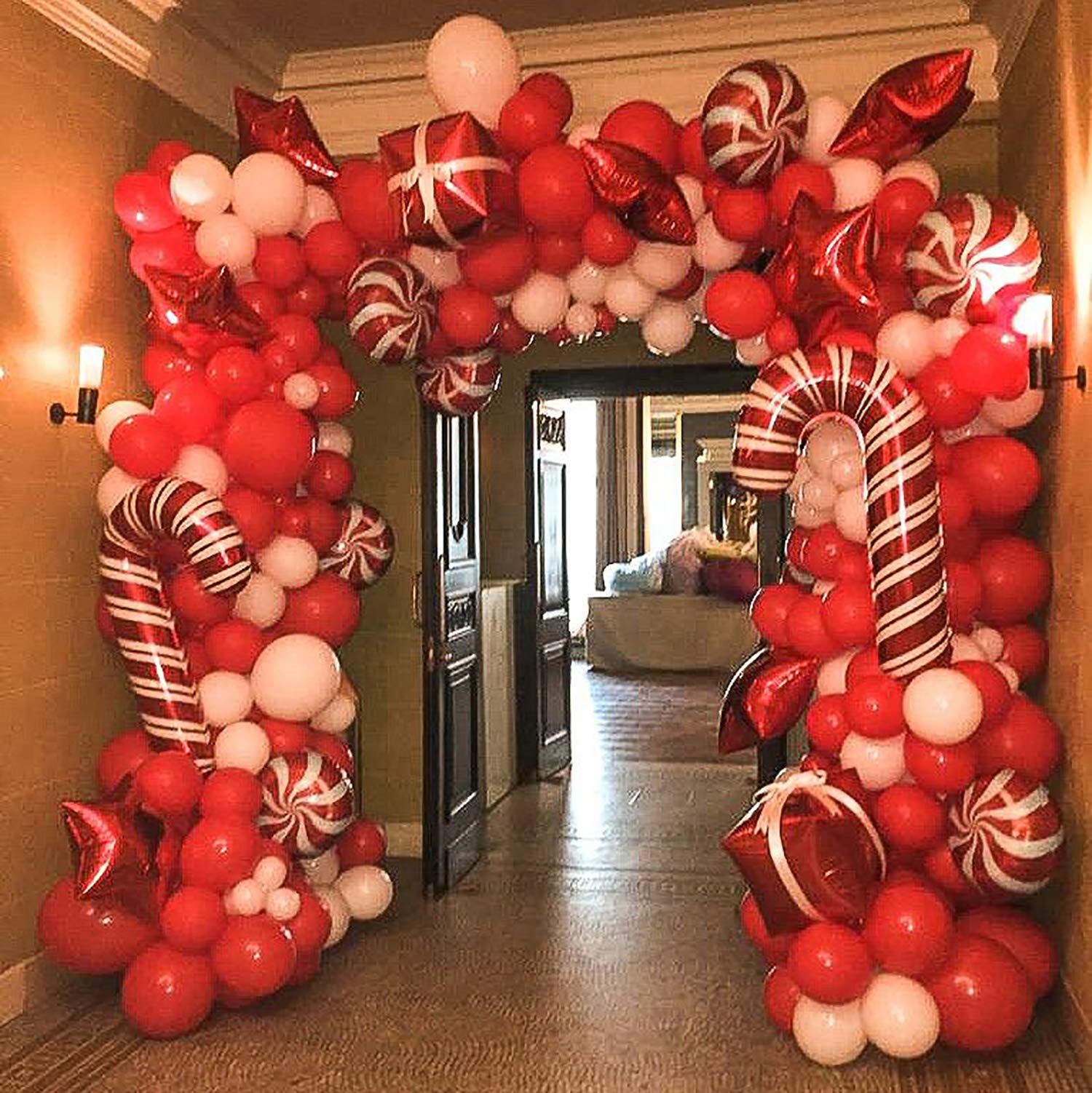 Christmas Balloon Wreath Arch Kit of 144 Pieces with Christmas Red White Candy Balloons Christmas Party Decorations