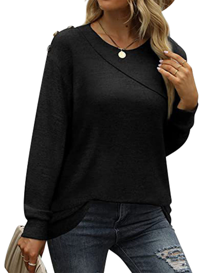 Women Button Spliced Crew Neck Long Sleeve Solid Color Mid Length Top