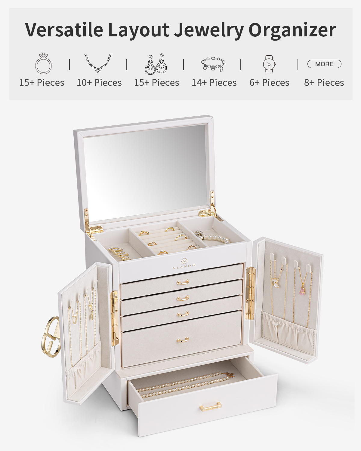 Vlando Large Jewelry Box Storage Organizer with 5 Big Drawers