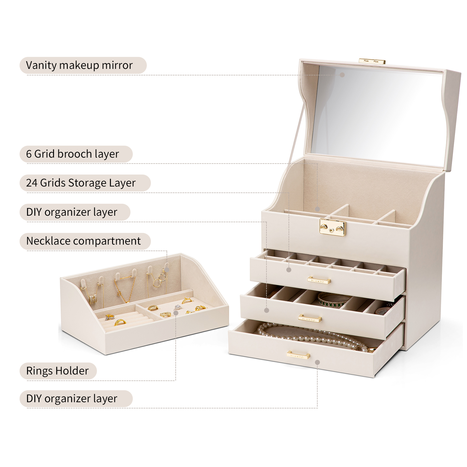 6 Drawers Jewelry Box Lockable Organizer with Mirror for Rings, top Earrings, Neckla