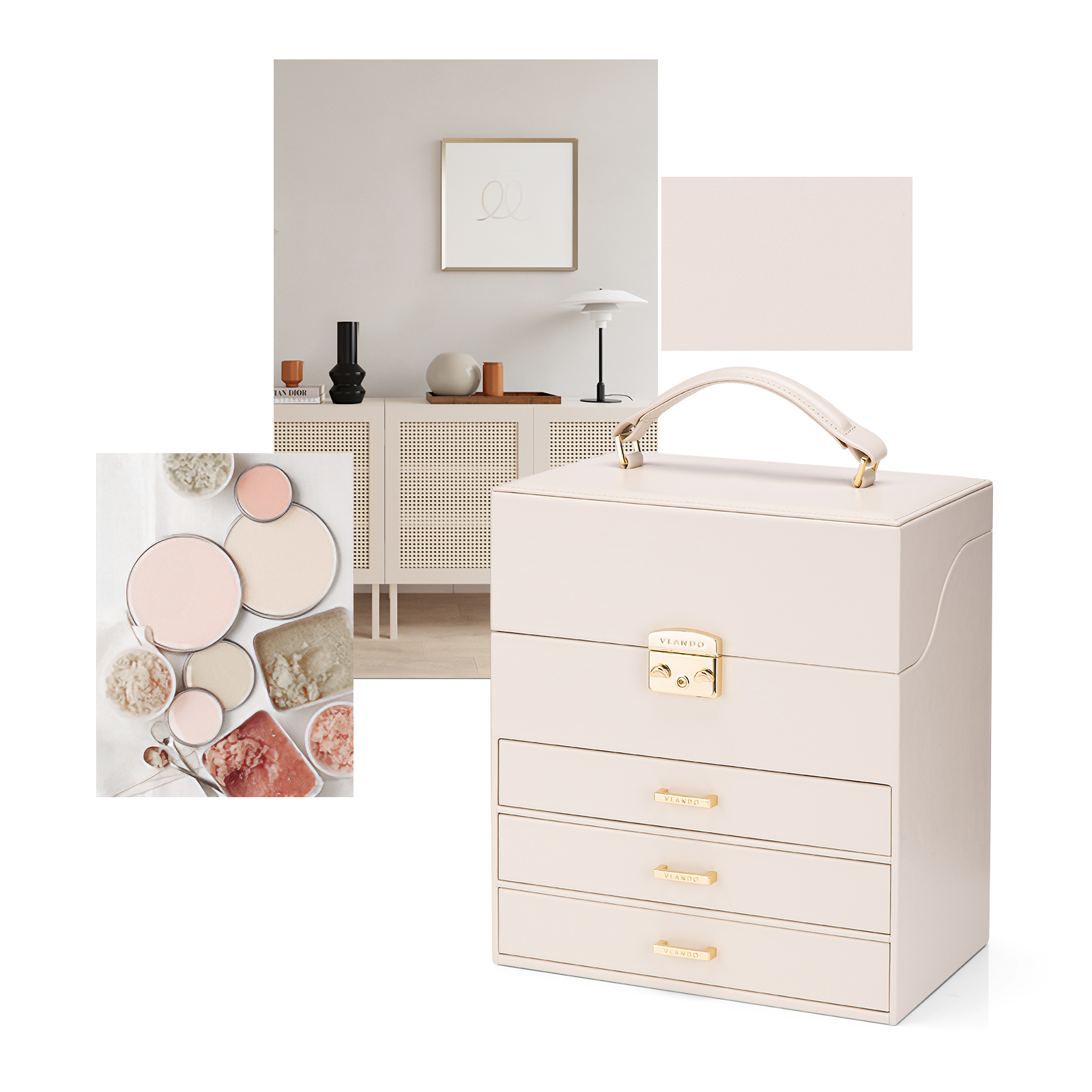 DesignSter Jewelry Organizer Box, Large 3 Layers, Travel Case, Mirror, Necklaces, Earrings, Rings, Bracelets, Watches (Beige)