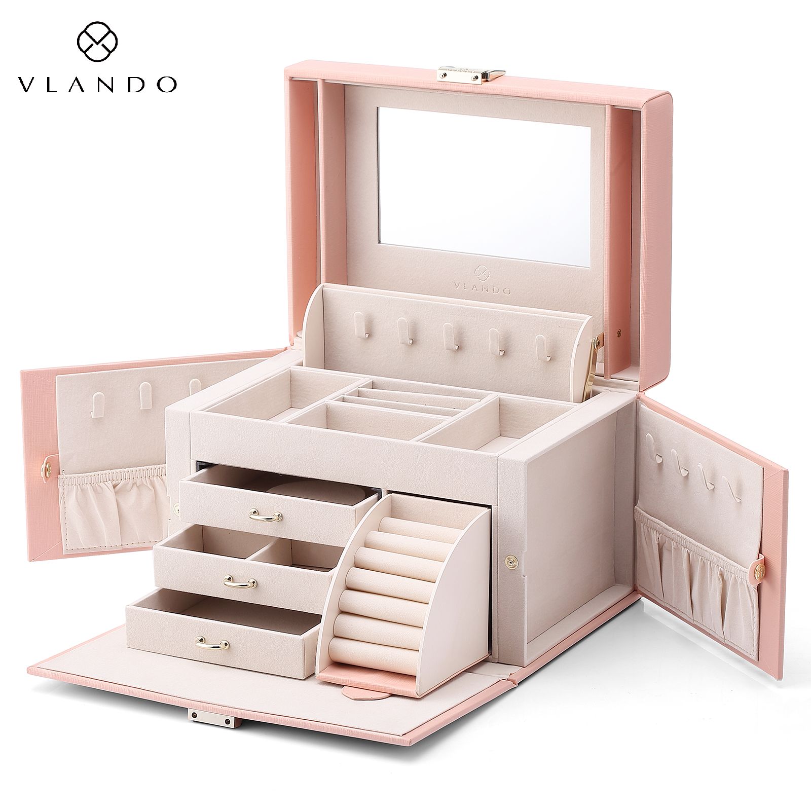Pink New Faux Leather Jewelries Necklaces Earrings Rings Bracket Storage Display Holder Vlando Mirrored Jewelry Box Organizer for Girls Women Gift 