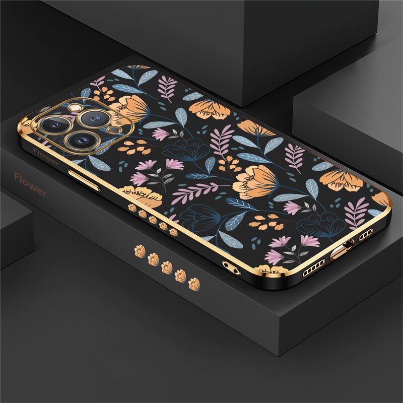 Square Plating Flower Case For iPhone