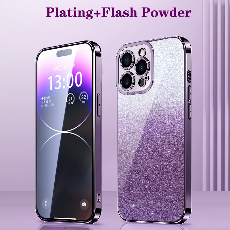 Gradient Glitter Plating Phone Case For iPhone 14 13 12 11 Pro Max 14Pro 14 Plus 11 Shockproof Soft Bumper Silicone Back Cover