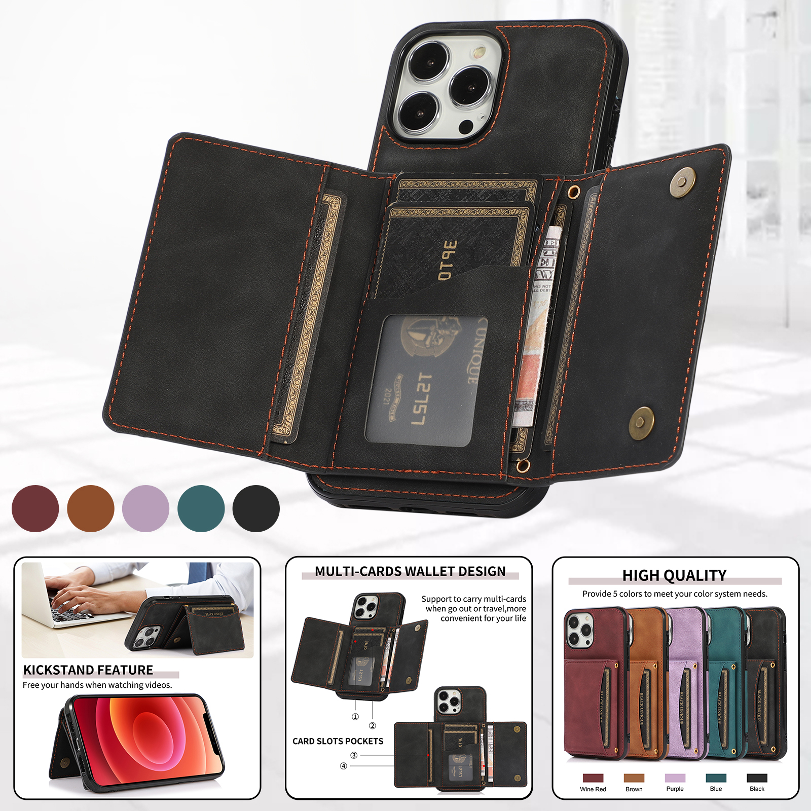 Wallet Leather Cards Holder Case For iPhone