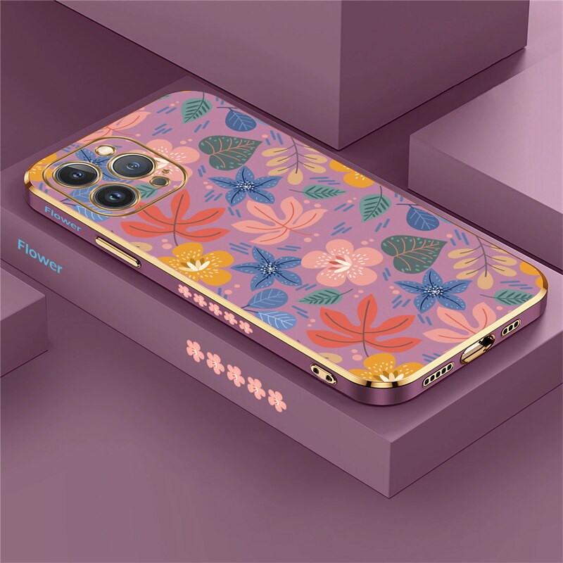 Square Plating Flower Case For iPhone