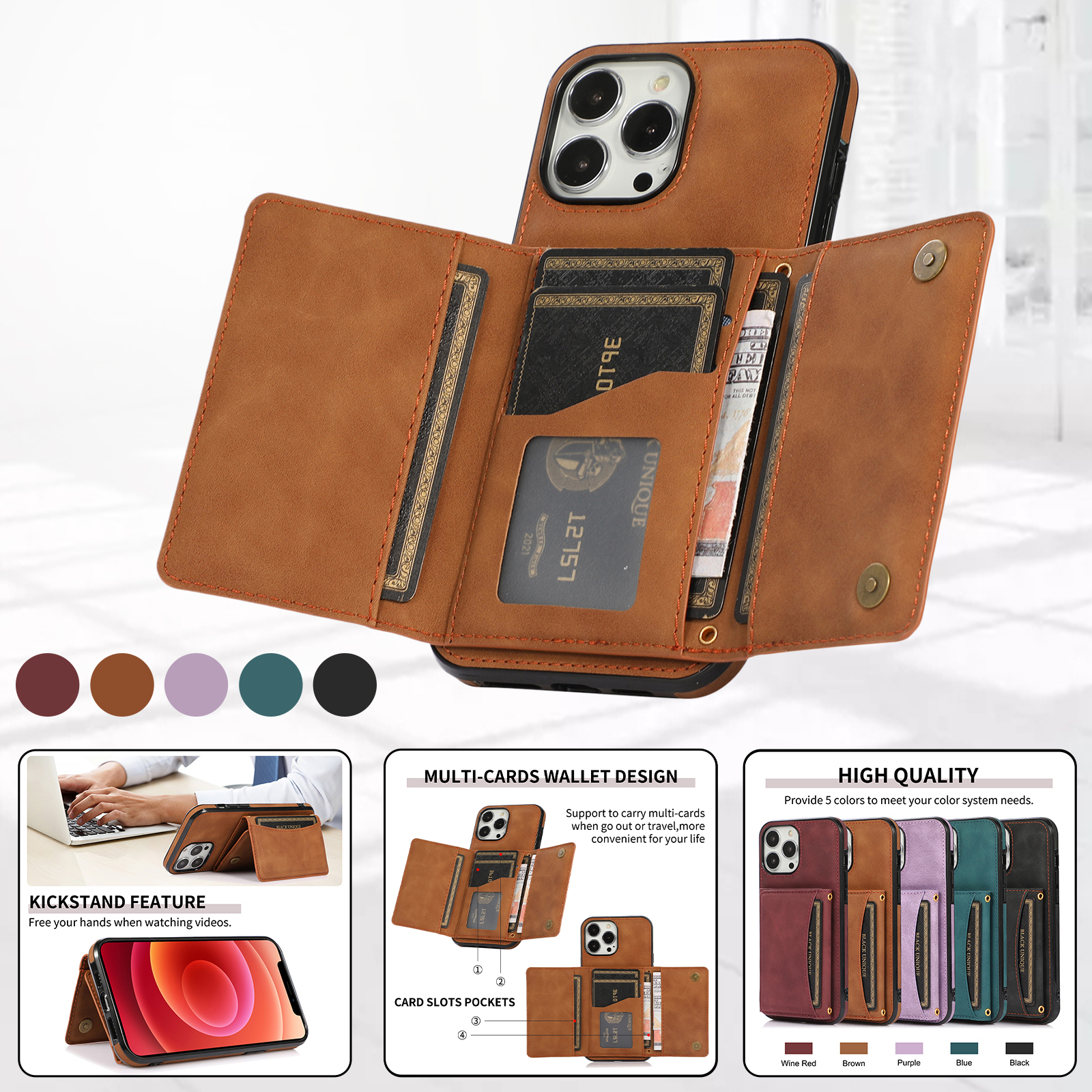 Wallet Leather Cards Holder Case For iPhone