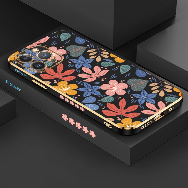 Square Plating Flower Case For iPhone