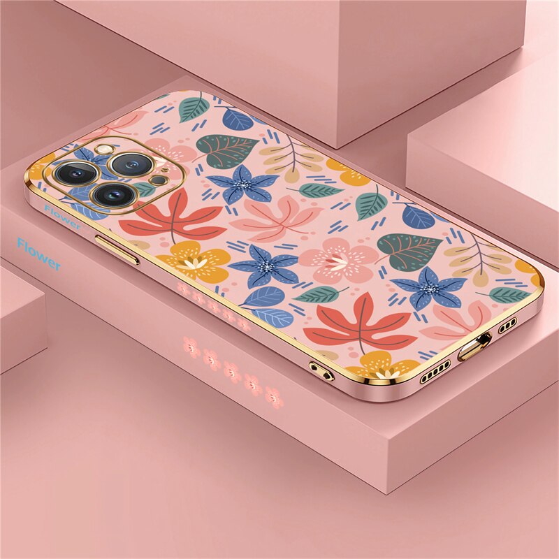 Square Plating Flower Case For iPhone