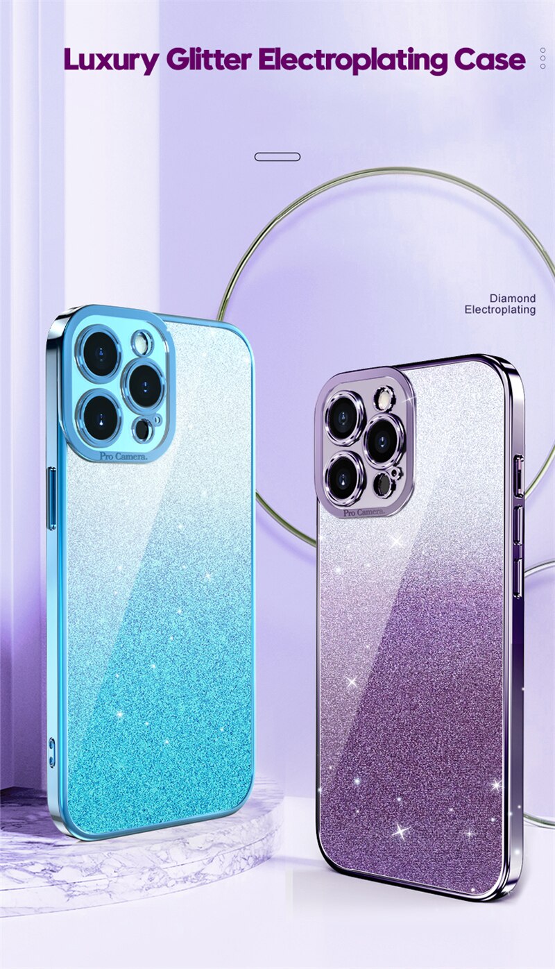 Gradient Glitter Plating Phone Case For iPhone 14 13 12 11 Pro Max 14Pro 14 Plus 11 Shockproof Soft Bumper Silicone Back Cover