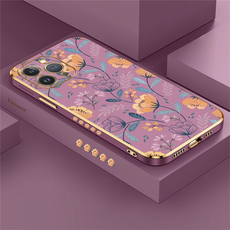 Square Plating Flower Case For iPhone