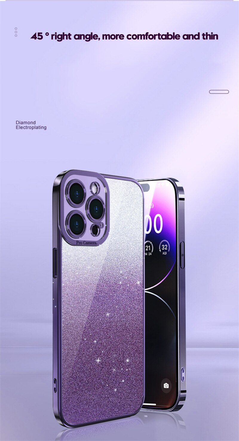Gradient Glitter Plating Phone Case For iPhone 14 13 12 11 Pro Max 14Pro 14 Plus 11 Shockproof Soft Bumper Silicone Back Cover