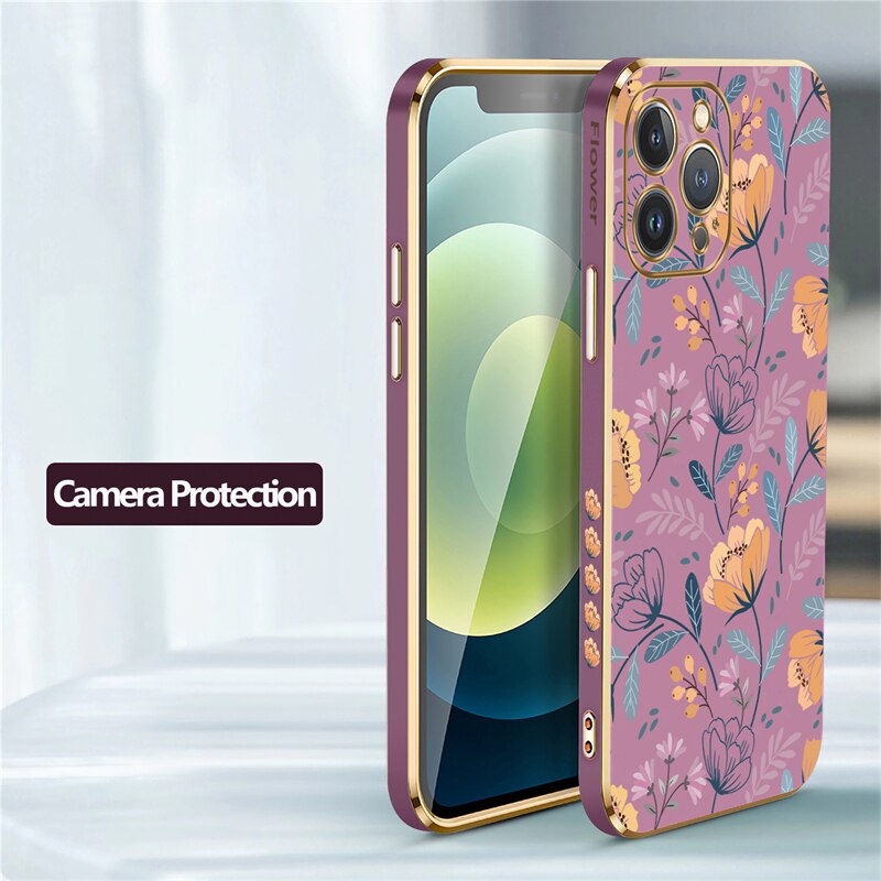 Square Plating Flower Case For iPhone