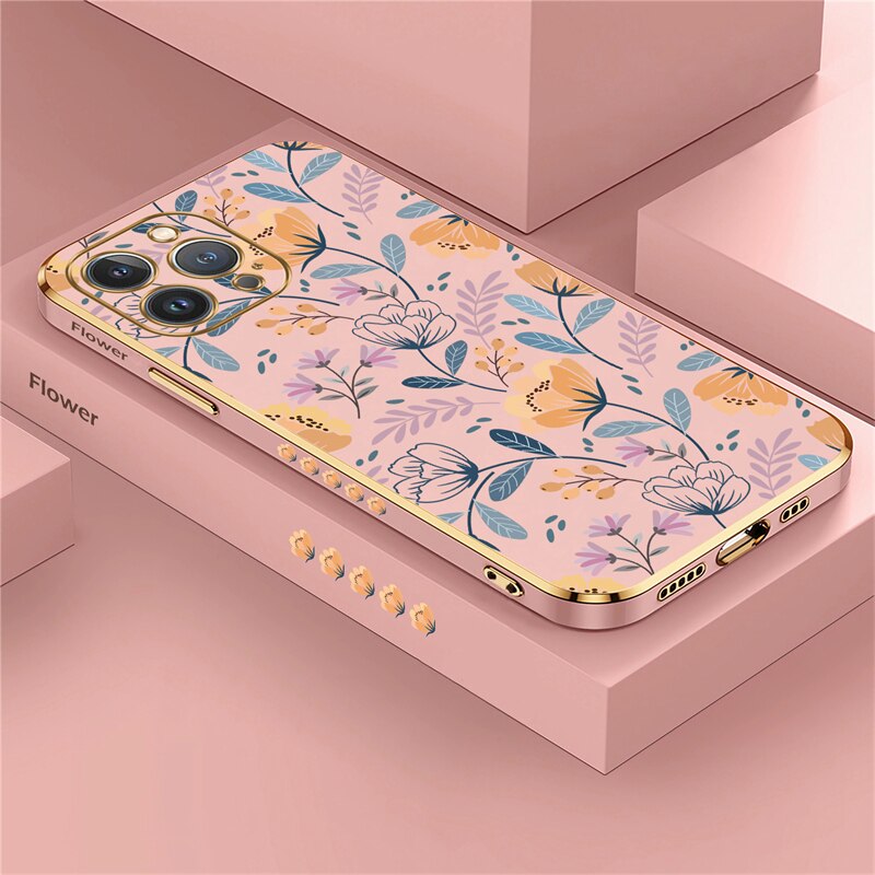 Square Plating Flower Case For iPhone