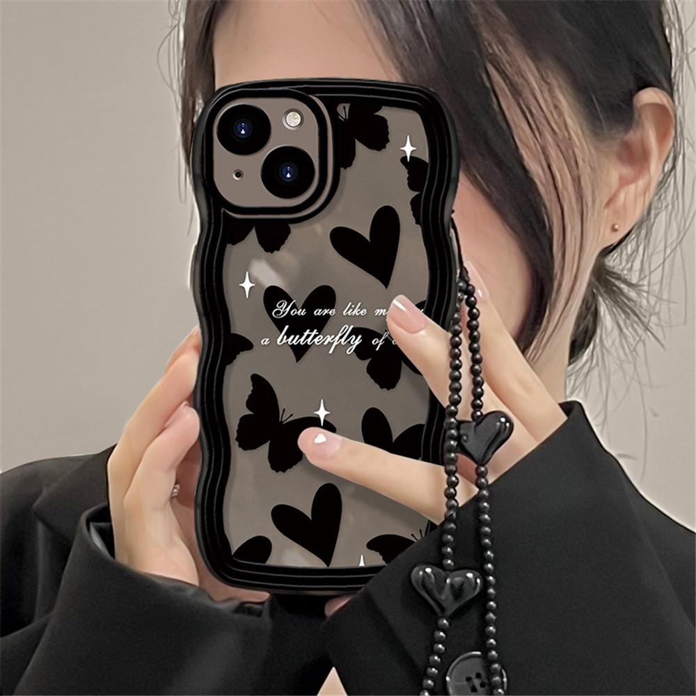 Korean Cute Wave Black Butterfly Love Heart Hang Chain Soft Case For IPhone