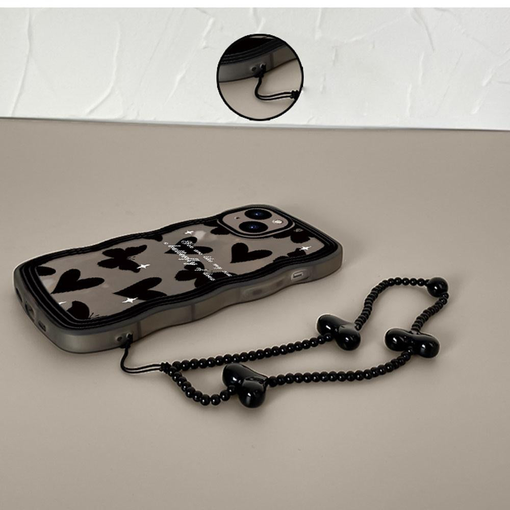 Korean Cute Wave Black Butterfly Love Heart Hang Chain Soft Case For IPhone