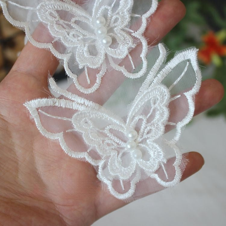 3D Beaded White Lace Trim Fabric BT0015
