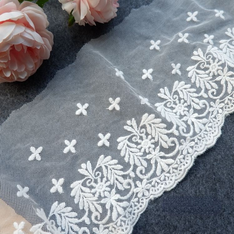 Embroidery White Tulle Width 10-16 cm TF0042-Lace Fabric Shop