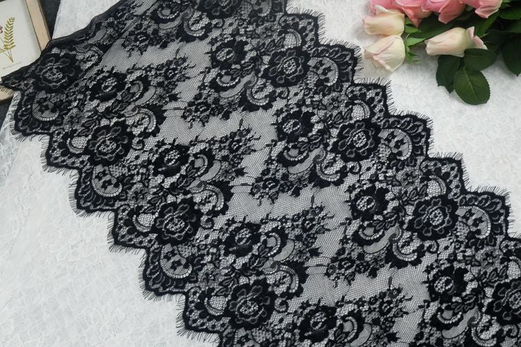 Wide Lace Trim Black White Width 45 cm LT0296-Lace Fabric Shop