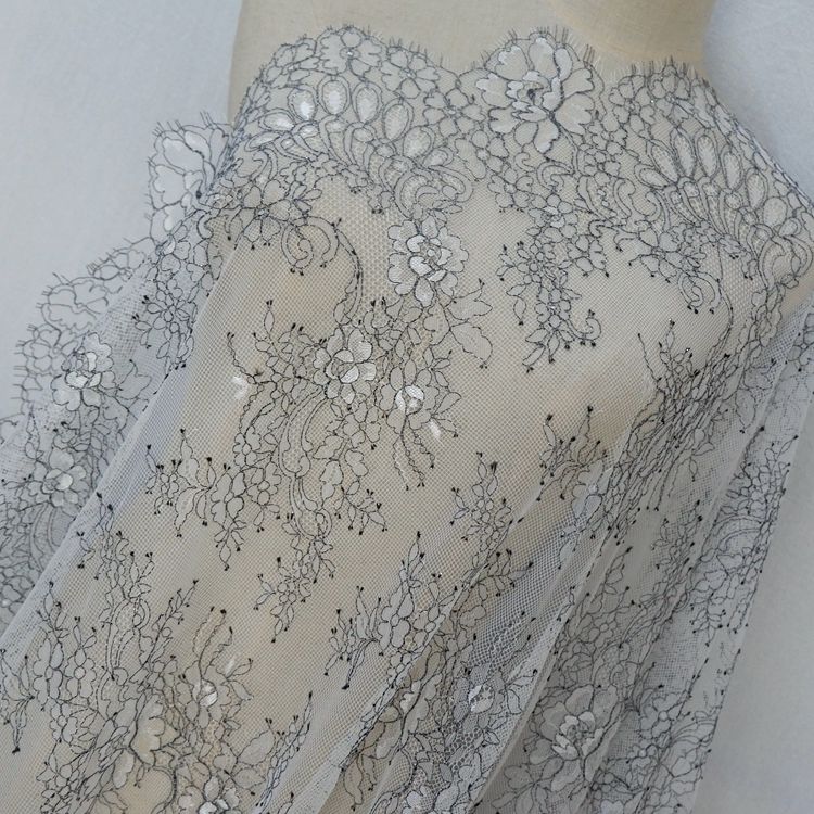 Grey Chantilly Shiny Laces Width 68-150 cm CHL0109-Lace Fabric Shop
