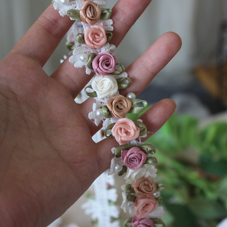 3D Ribbon Rose Beaded Lace Trim Material BT0125-Lace Fabric Shop