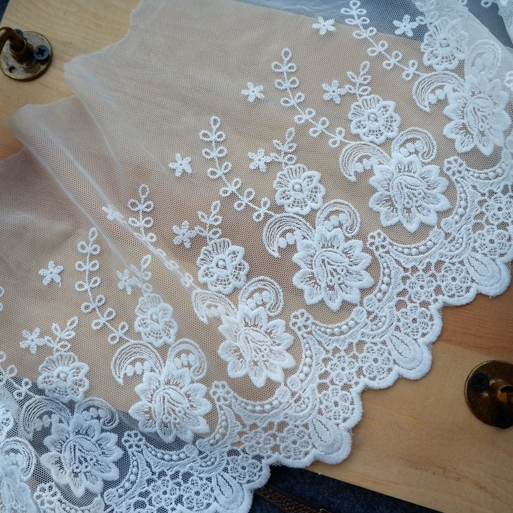 Embroidery White Tulle Width 17-23 cm TF0034-Lace Fabric Shop