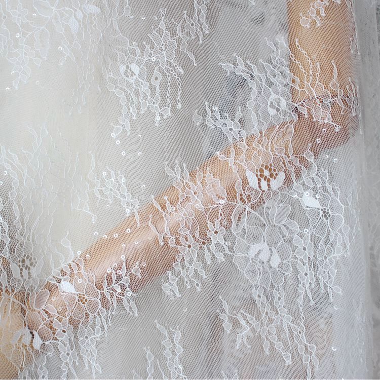 White Sequins Chantilly Lace Width 150 cm CHL0137-Lace Fabric Shop