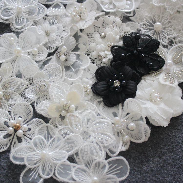 White Black Lace Beaded Trim Single Floral BT0123-Lace Fabric Shop