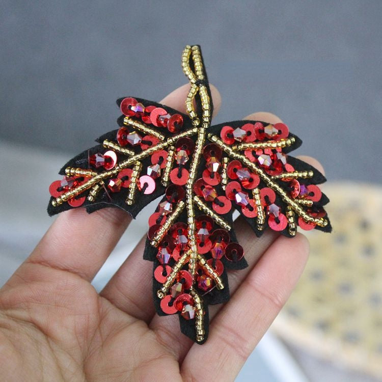 Sequins Beaded Leaf Brooch Accessories BA0116-Lace Fabric Shop