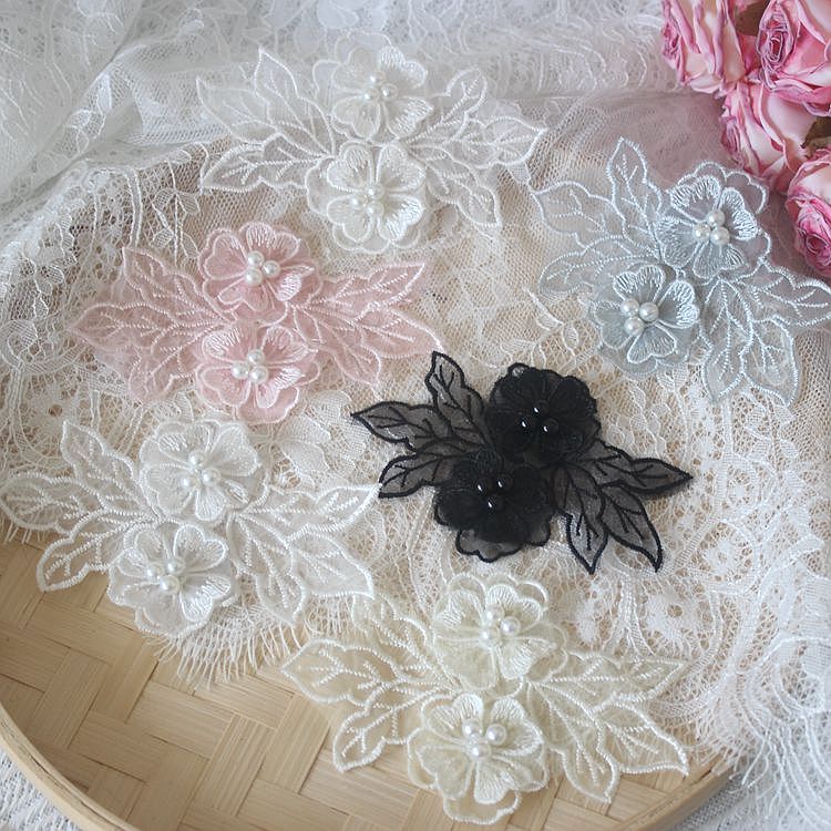 3D Pearl Bead Trim Single Floral BT0010-Lace Fabric Shop