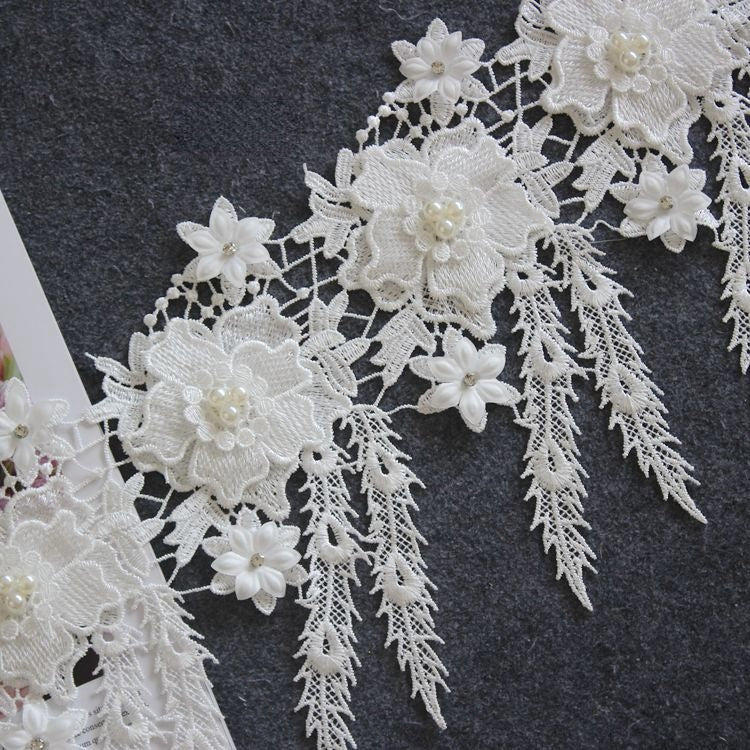 White 3D Beading Floral Lace Trims BT0062-Lace Fabric Shop