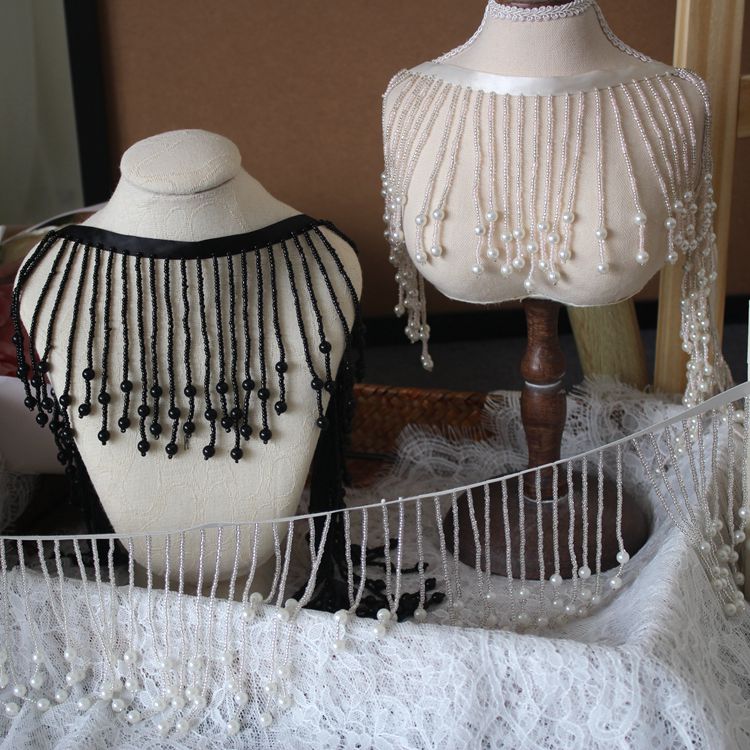 Pearl Tassel Beaded Neckline Lace Trim BT0105-Lace Fabric Shop
