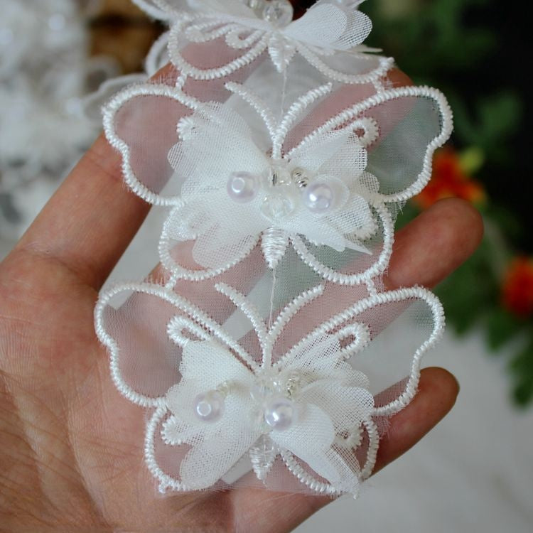 3D Beaded White Lace Trim Fabric BT0015-Lace Fabric Shop